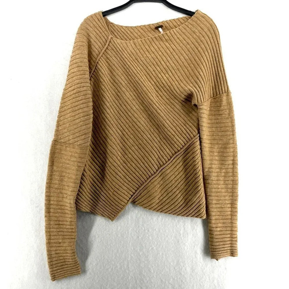 Free People Love & Harmony Sweater Womens Sz M Tan Boat Neck Ribbed Wool Blend - Picture 2 of 14